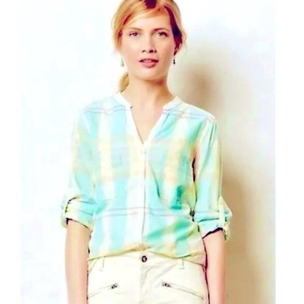 Holding Horses Plaid Button Down Womens Size 0 Green Pastel Boho Cotton Shirt